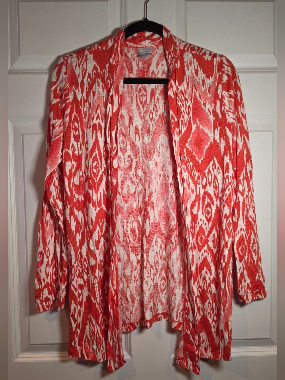 Chico's Open-Front Red & White Patterned Cardigan Linen M Chicos 1